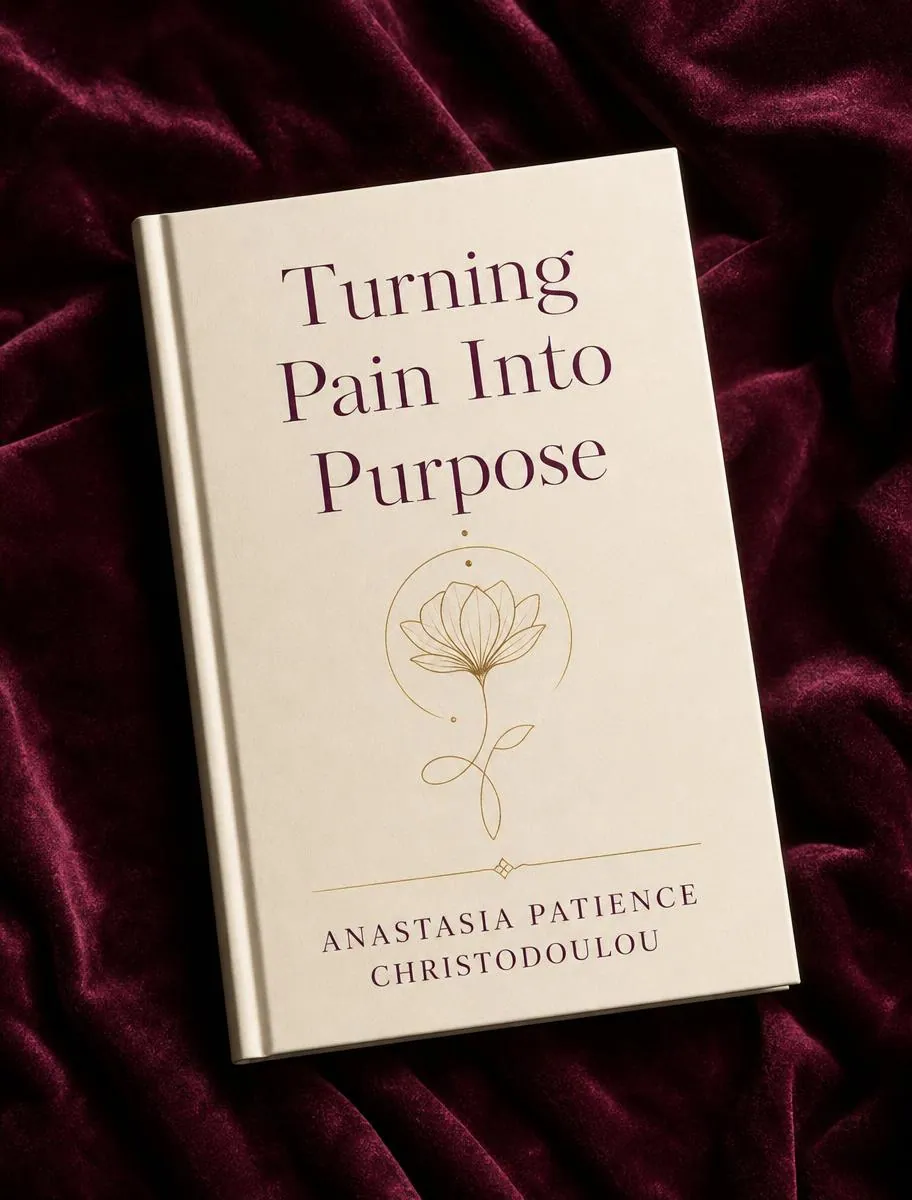The cover of Turning Pain Into Purpose: a lotus drawn in gold on cream linen