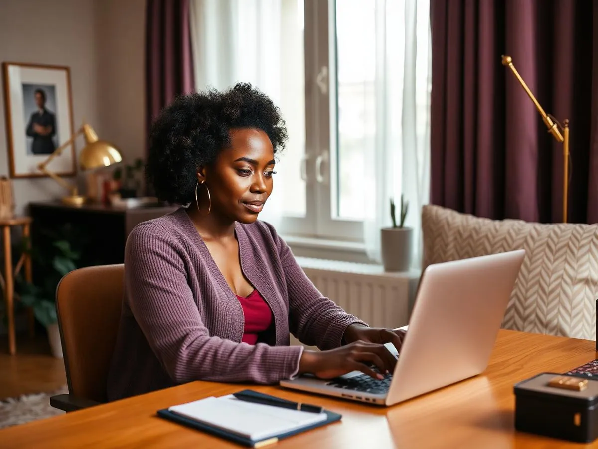 A woman in a lilac cardigan writing at her laptop by a sunlit window